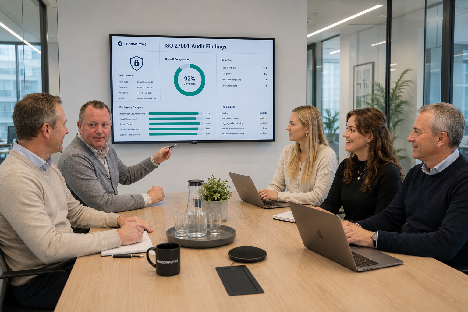 Ian Fielding and Seren Church reviewing ISO 27001 audit findings with a client team on screen