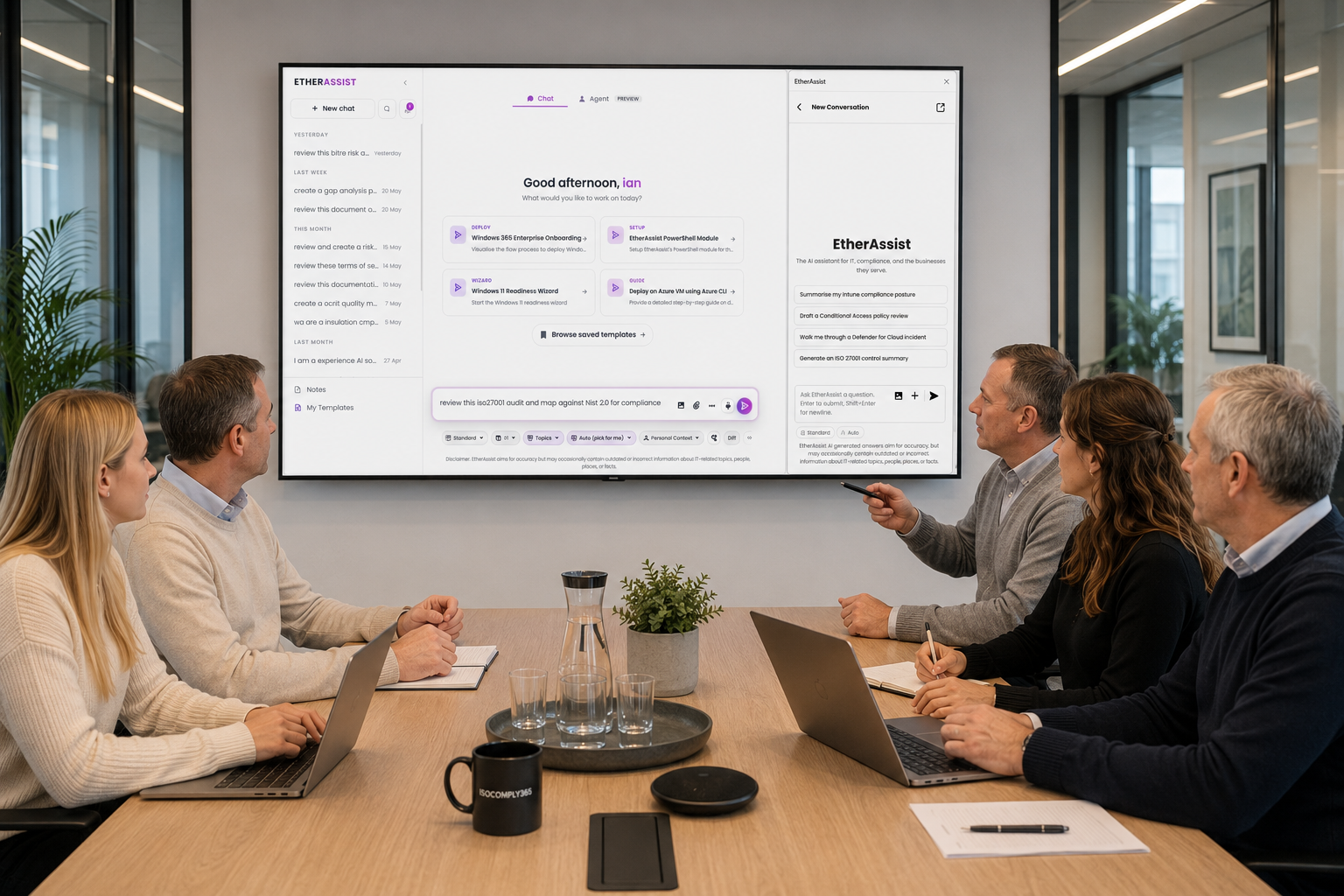 SOCOMPLY365 secure AI assistant being used during an ISO 27001 audit by an auditor